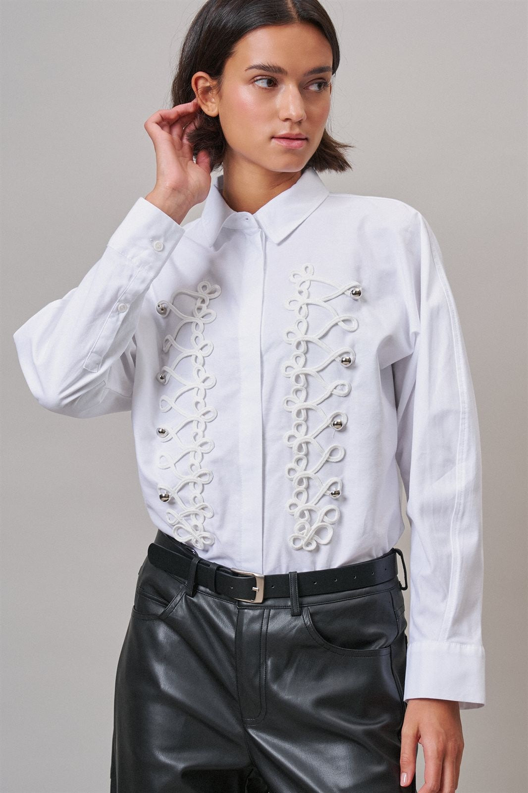 Braided Cord Embellished Button-Down Blouse in White - Women's Shirts & Blouses | Urban Daizy