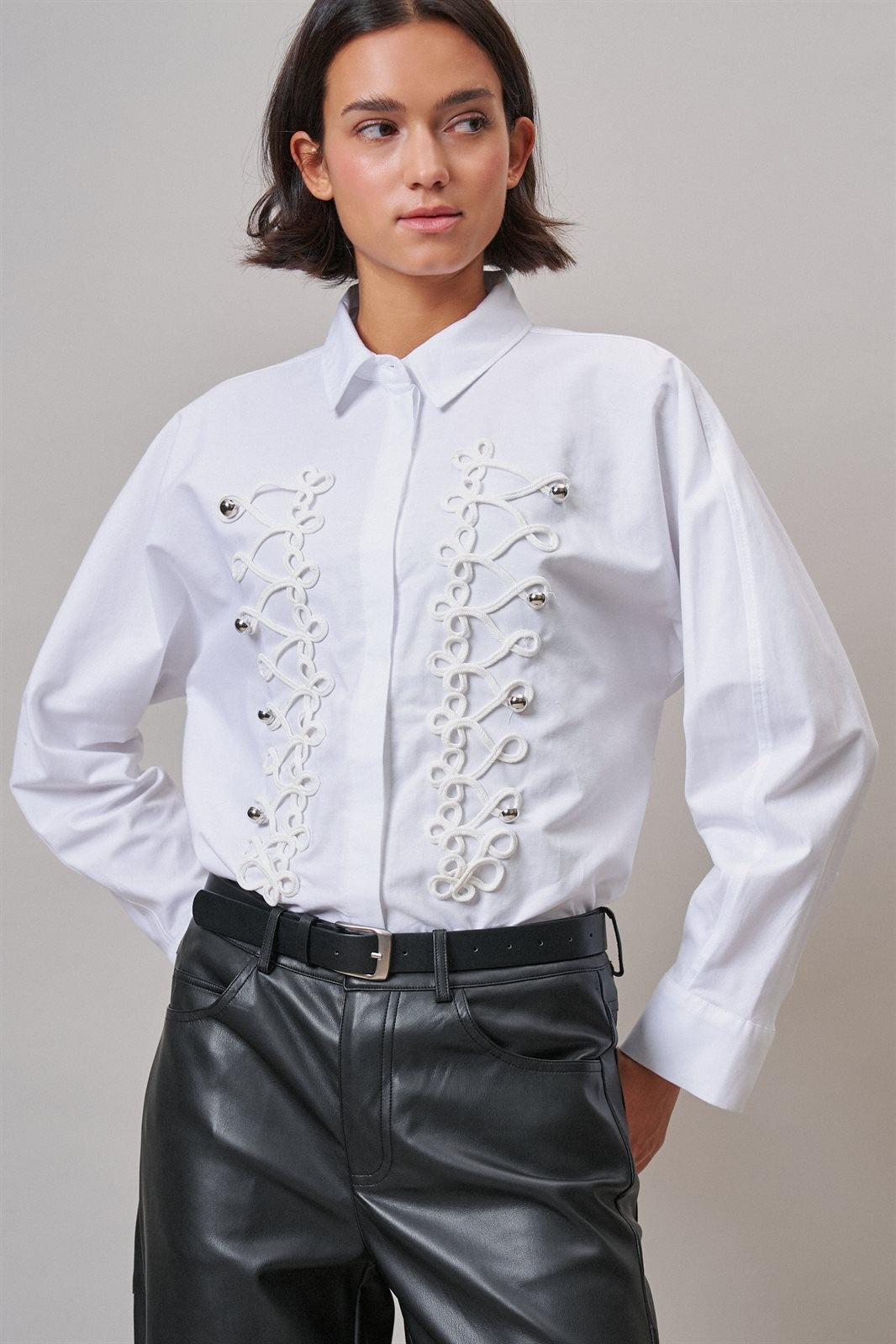 Braided Cord Embellished Button-Down Blouse in White - Women's Shirts & Blouses | Urban Daizy