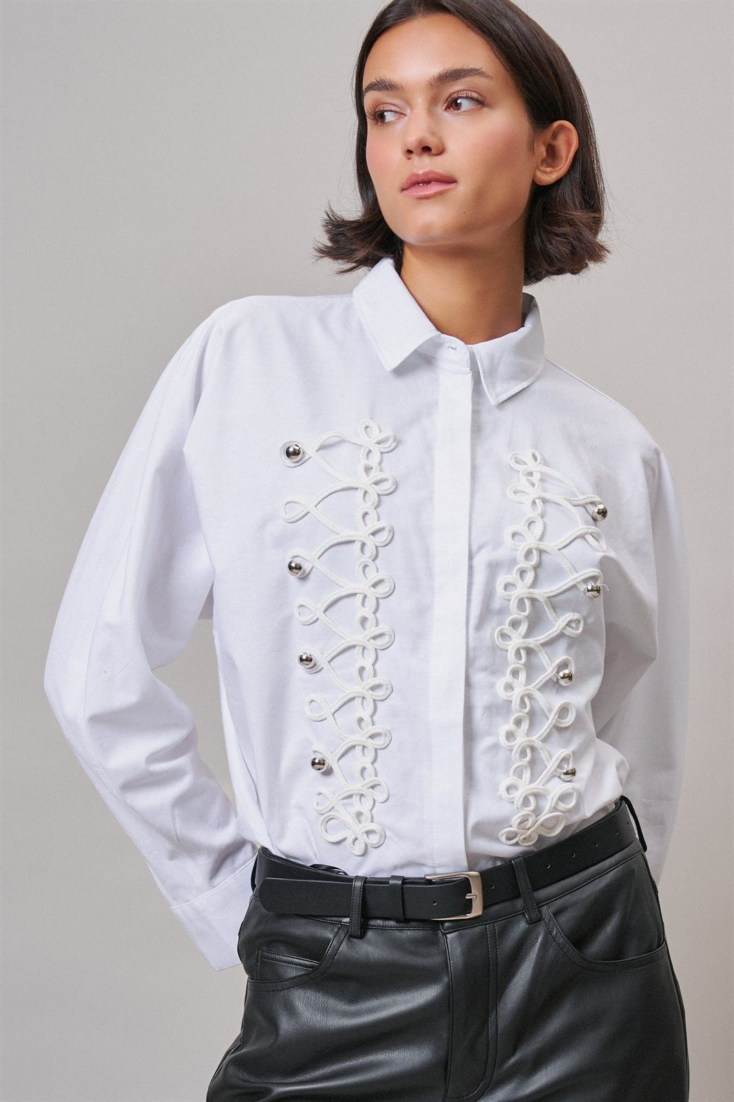 Braided Cord Embellished Button-Down Blouse in White - Women's Shirts & Blouses | Urban Daizy