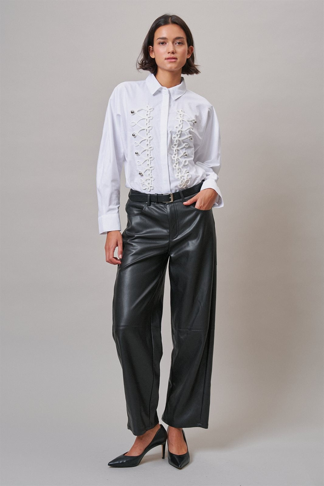 Braided Cord Embellished Button-Down Blouse in White - Women's Shirts & Blouses | Urban Daizy