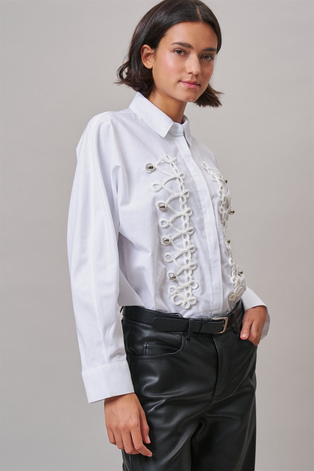 Braided Cord Embellished Button-Down Blouse in White - Women's Shirts & Blouses | Urban Daizy