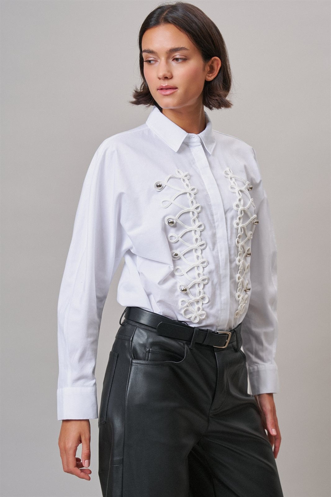 Braided Cord Embellished Button-Down Blouse in White - Women's Shirts & Blouses | Urban Daizy