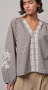 Plaid Lace Trim Peasant Blouse with Puff Sleeves in Brown - Women's Shirts & Blouses | Urban Daizy