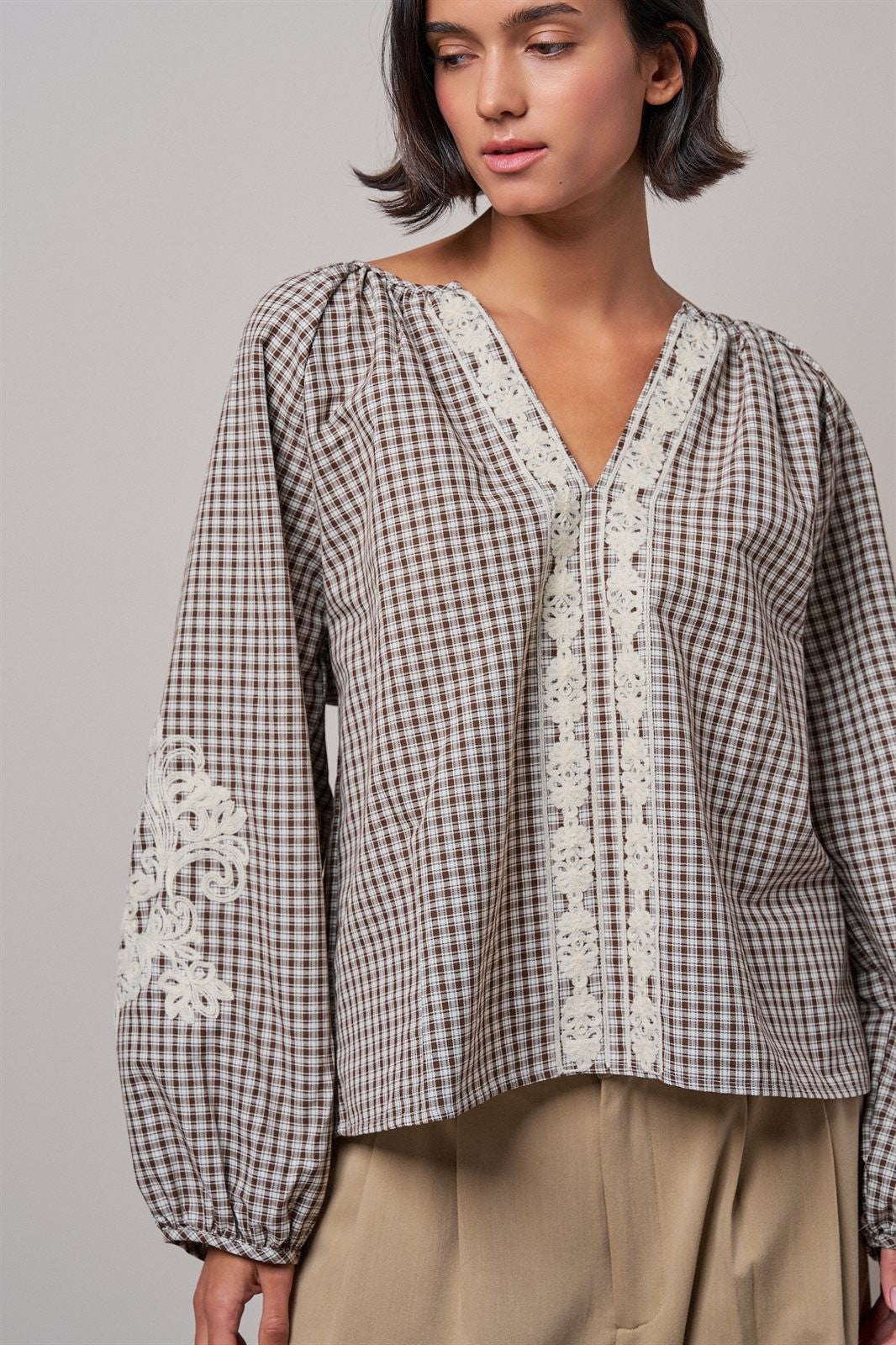 Plaid Lace Trim Peasant Blouse with Puff Sleeves in Brown - Women's Shirts & Blouses | Urban Daizy
