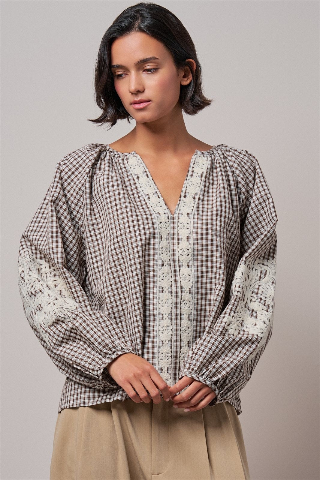 Plaid Lace Trim Peasant Blouse with Puff Sleeves in Brown - Women's Shirts & Blouses | Urban Daizy