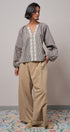 Plaid Lace Trim Peasant Blouse with Puff Sleeves in Brown - Women's Shirts & Blouses | Urban Daizy