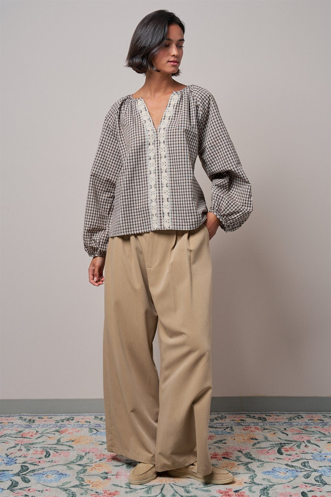 Plaid Lace Trim Peasant Blouse with Puff Sleeves in Brown - Women's Shirts & Blouses | Urban Daizy