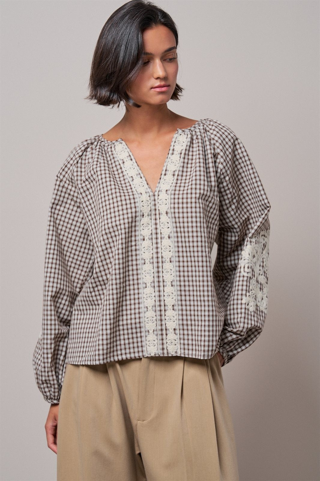 Plaid Lace Trim Peasant Blouse with Puff Sleeves in Brown - Women's Shirts & Blouses | Urban Daizy