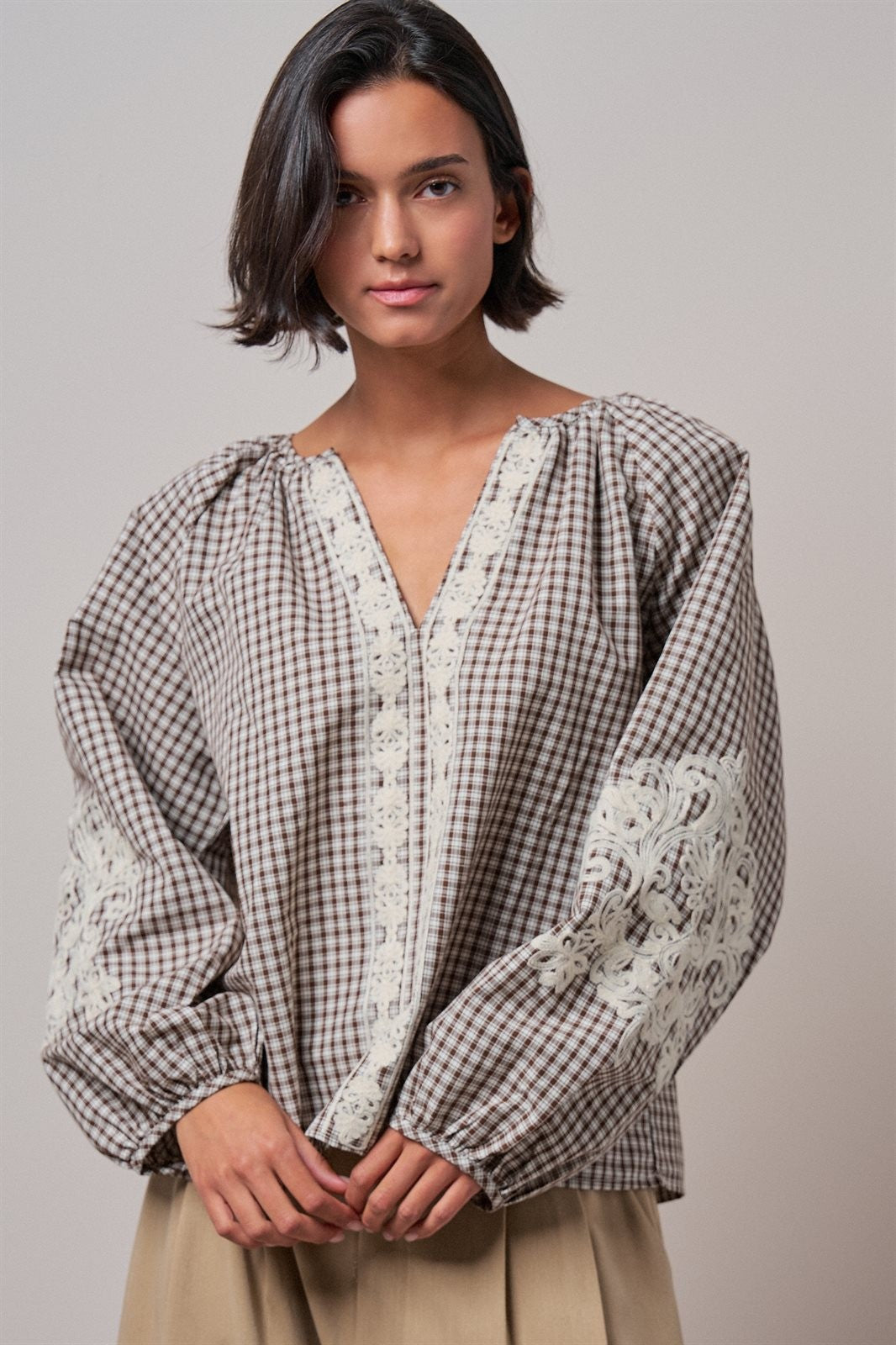 Plaid Lace Trim Peasant Blouse with Puff Sleeves in Brown - Women's Shirts & Blouses | Urban Daizy