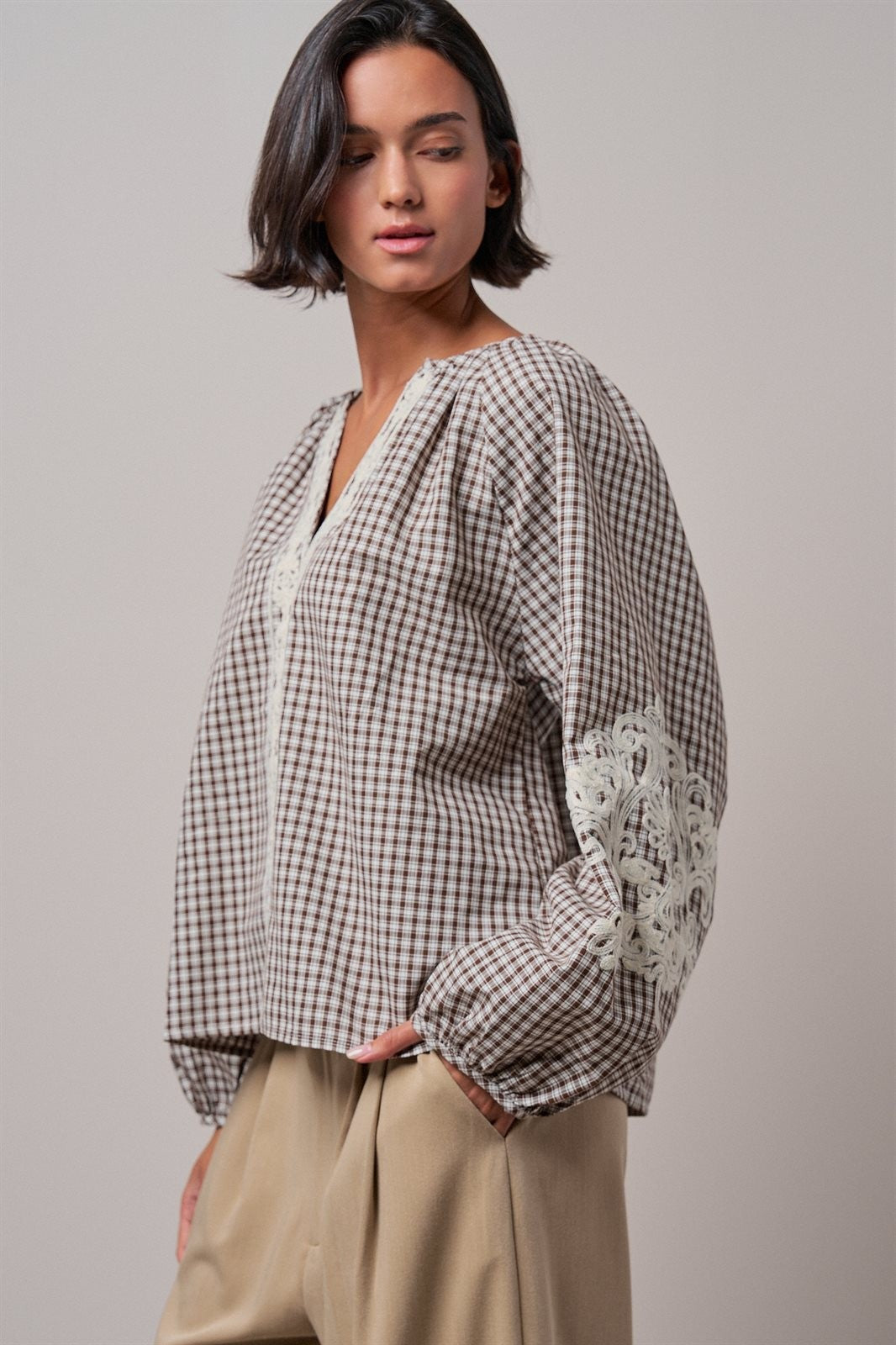 Plaid Lace Trim Peasant Blouse with Puff Sleeves in Brown - Women's Shirts & Blouses | Urban Daizy