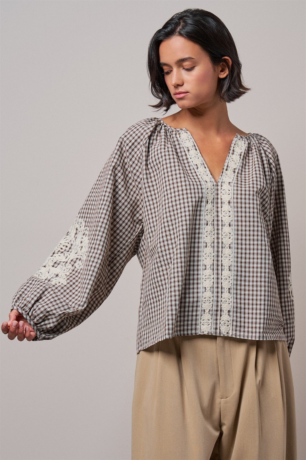 Plaid Lace Trim Peasant Blouse with Puff Sleeves in Brown - Women's Shirts & Blouses | Urban Daizy