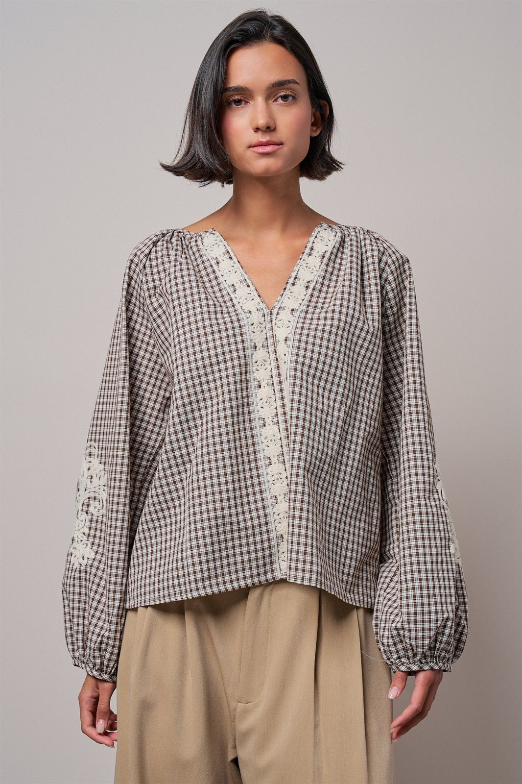 Plaid Lace Trim Peasant Blouse with Puff Sleeves in Brown - Women's Shirts & Blouses | Urban Daizy