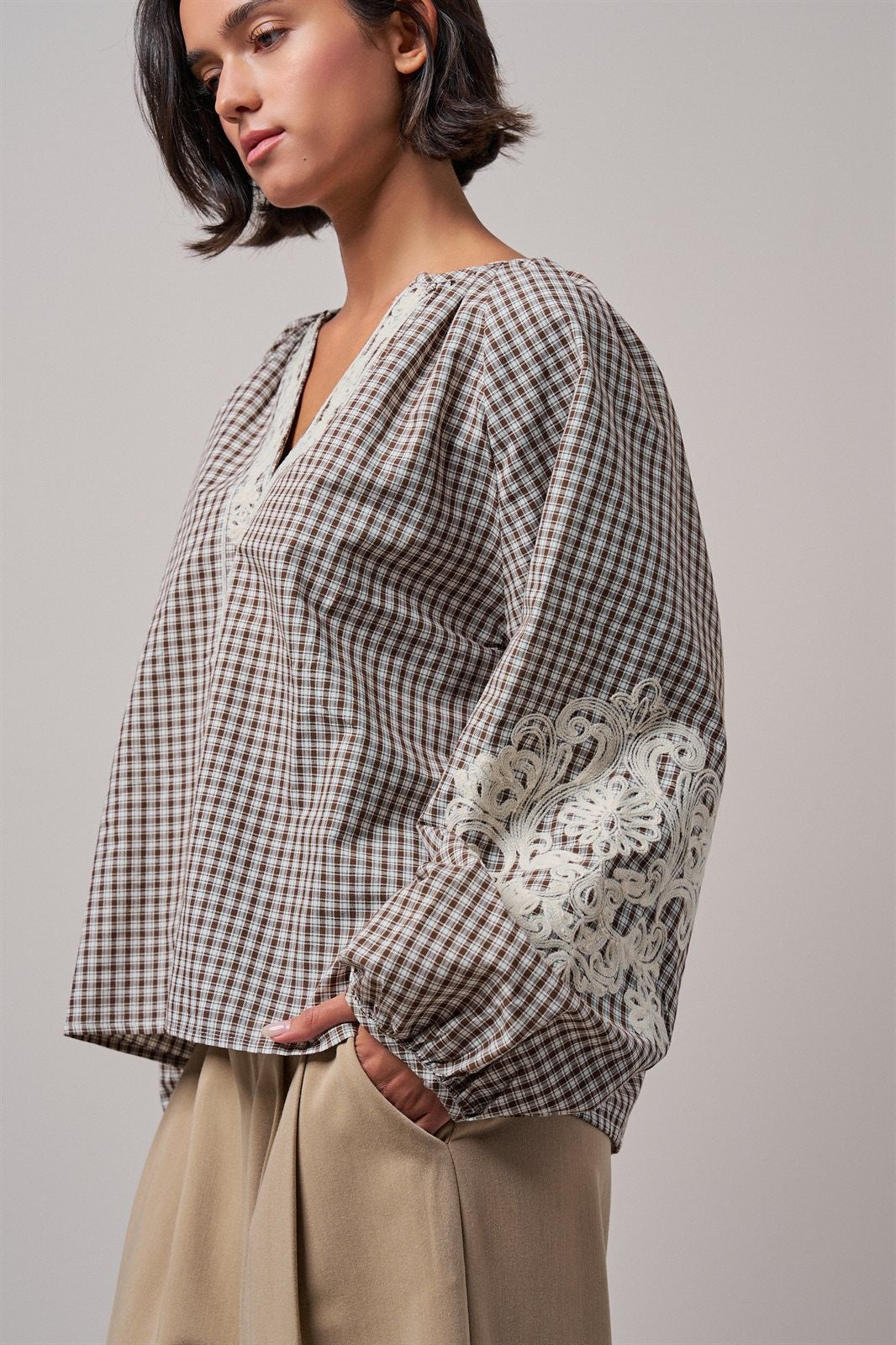 Plaid Lace Trim Peasant Blouse with Puff Sleeves in Brown - Women's Shirts & Blouses | Urban Daizy