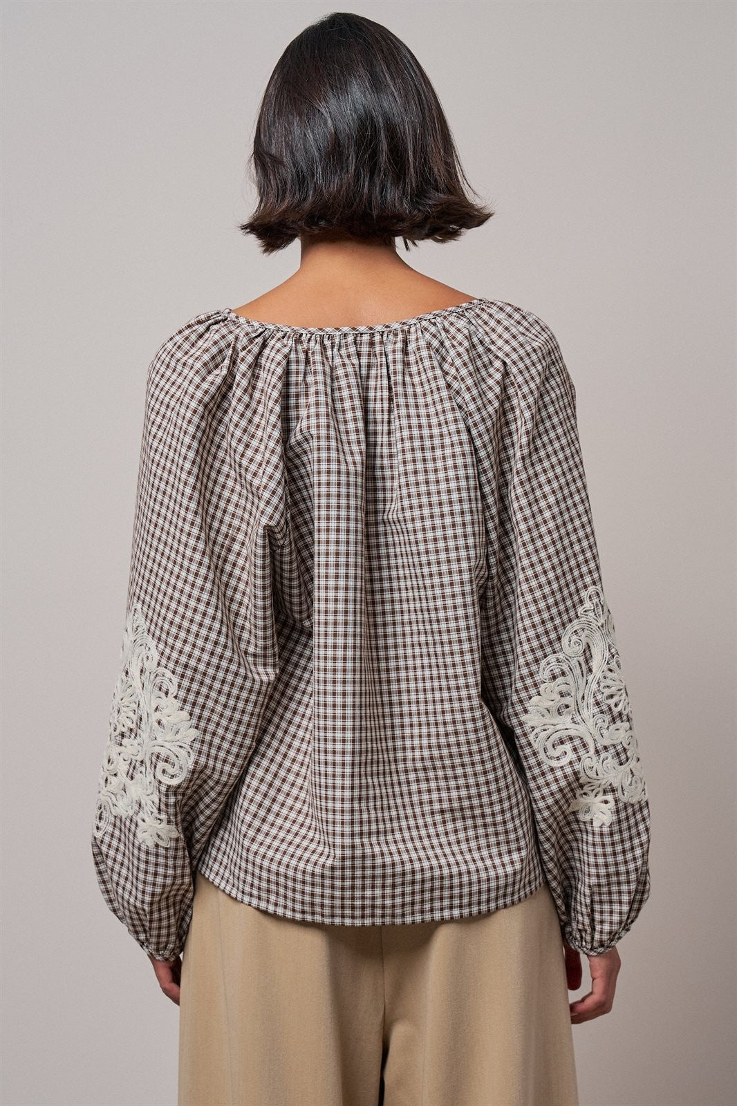 Plaid Lace Trim Peasant Blouse with Puff Sleeves in Brown - Women's Shirts & Blouses | Urban Daizy