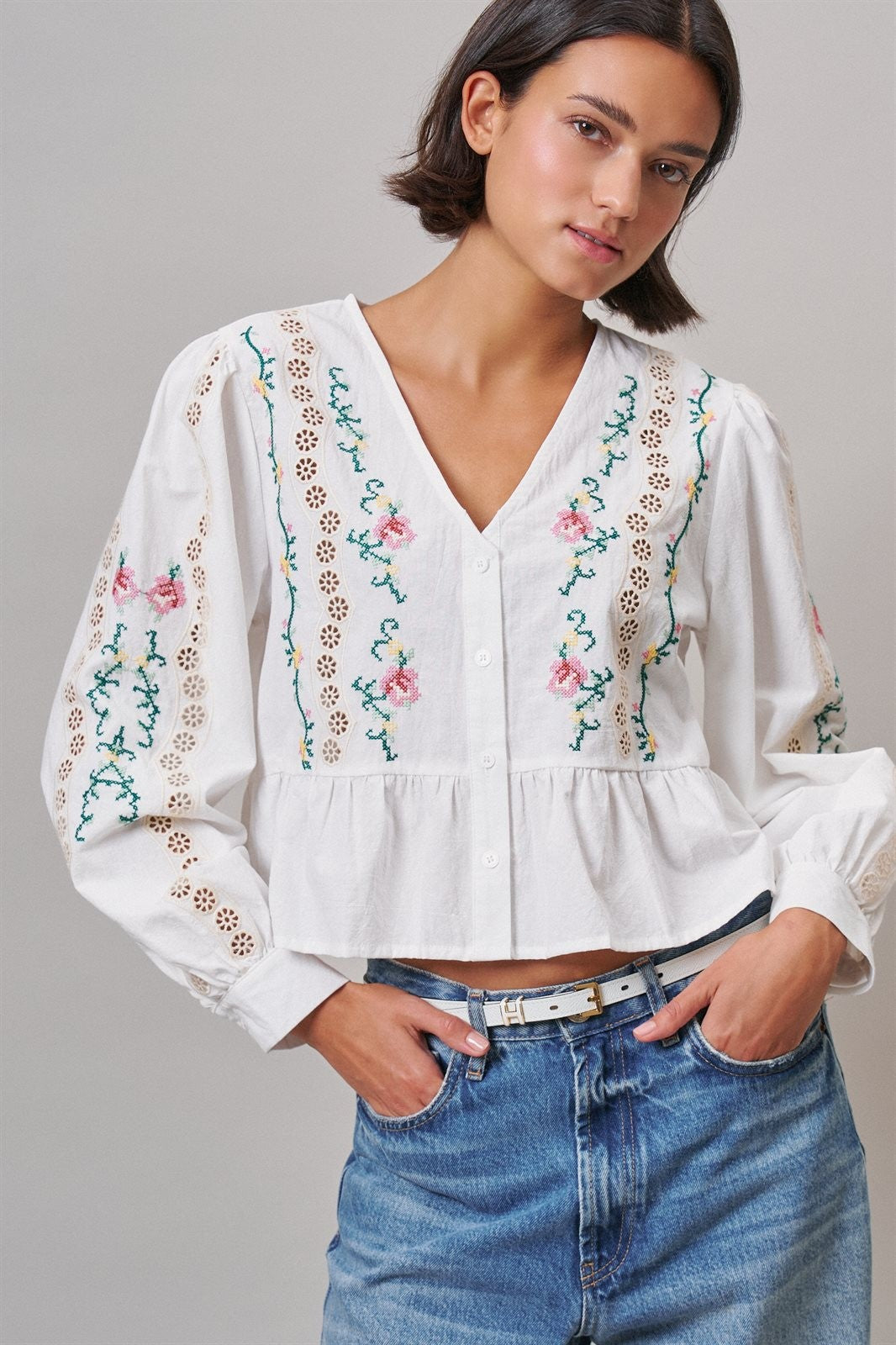 Folk Song Embroidered Peplum Blouse in White - Women's Shirts & Blouses | Urban Daizy