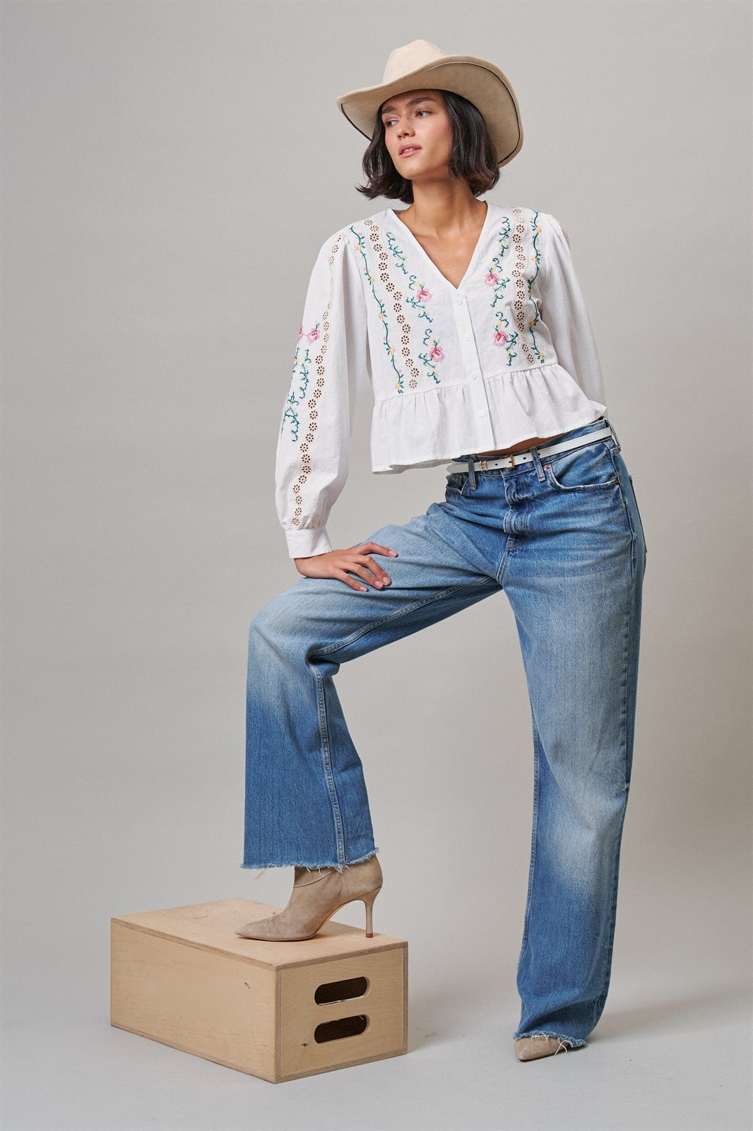 Folk Song Embroidered Peplum Blouse in White - Women's Shirts & Blouses | Urban Daizy
