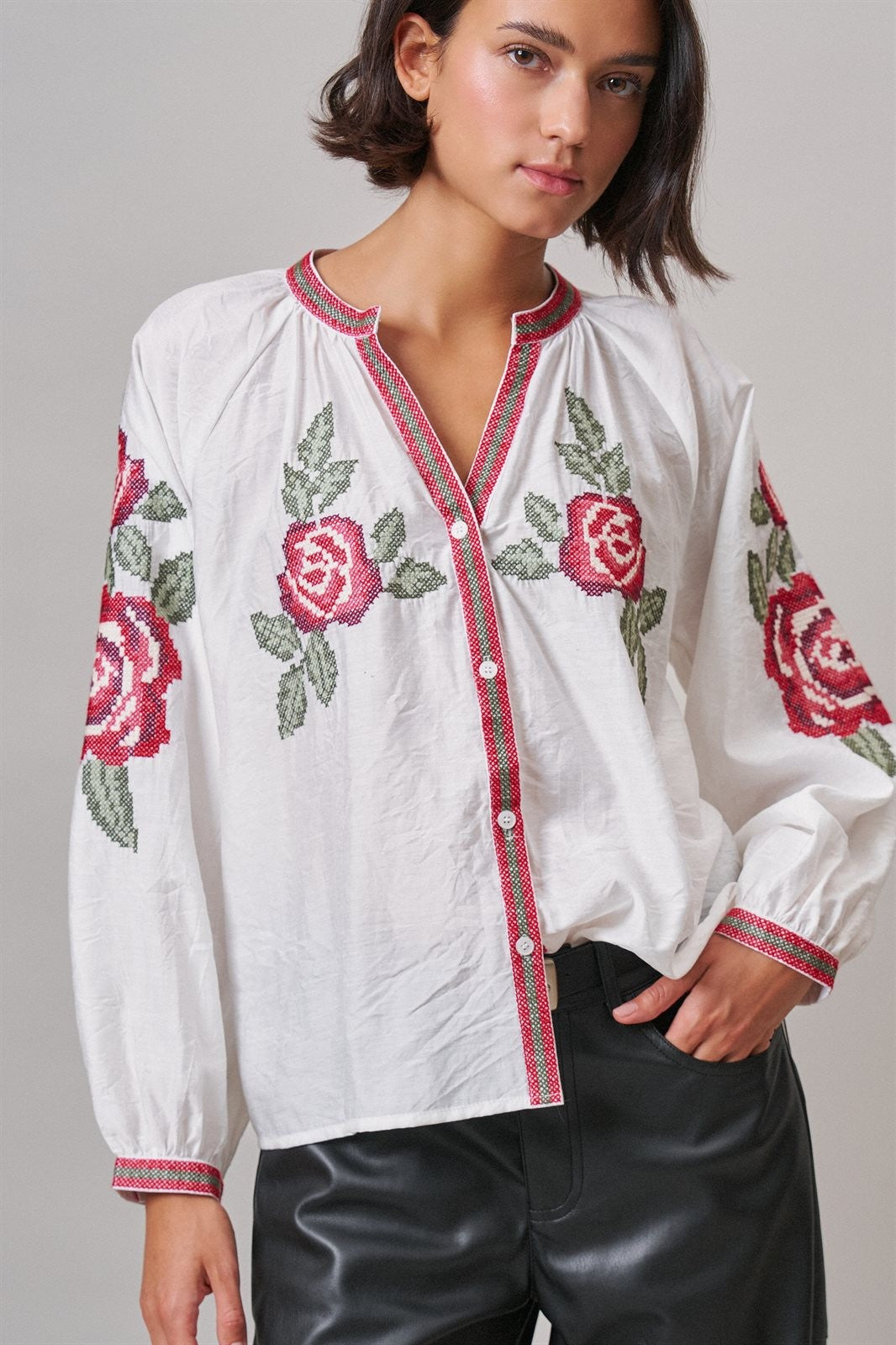Cross-Stitch Rose Embroidered Peasant Blouse in Ivory - Women's Shirts & Blouses | Urban Daizy
