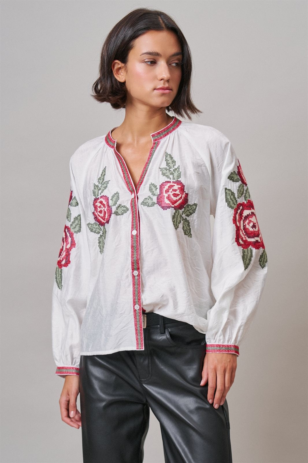Cross-Stitch Rose Embroidered Peasant Blouse in Ivory - Women's Shirts & Blouses | Urban Daizy
