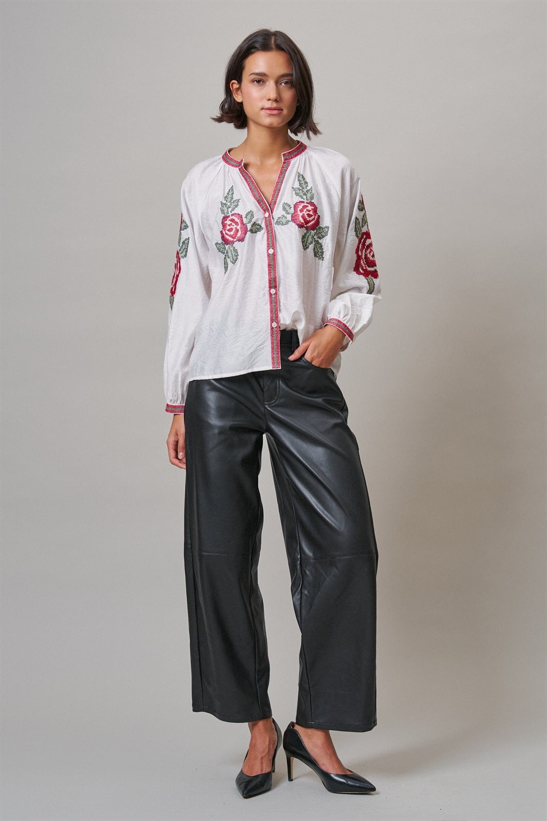 Cross-Stitch Rose Embroidered Peasant Blouse in Ivory - Women's Shirts & Blouses | Urban Daizy