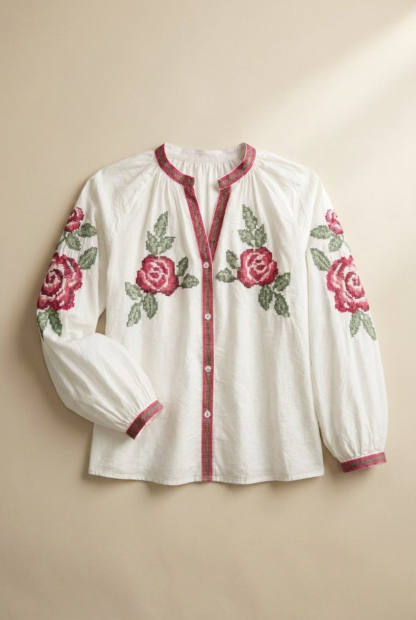 Cross-Stitch Rose Embroidered Peasant Blouse in Ivory - Women's Shirts & Blouses | Urban Daizy