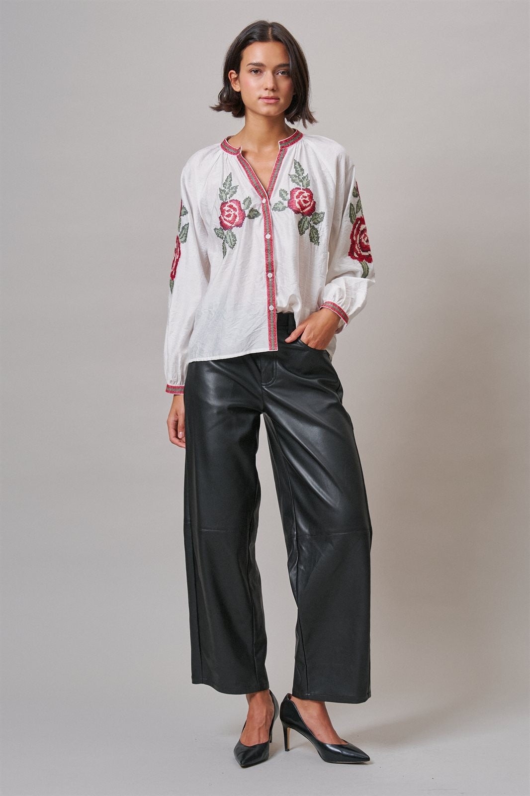 Cross-Stitch Rose Embroidered Peasant Blouse in Ivory - Women's Shirts & Blouses | Urban Daizy