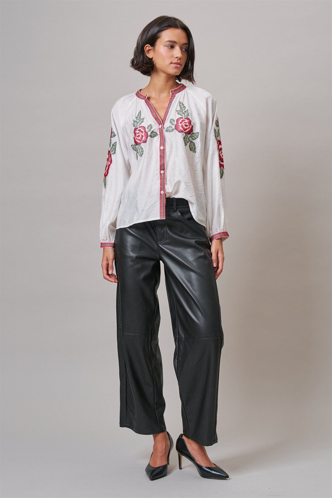 Cross-Stitch Rose Embroidered Peasant Blouse in Ivory - Women's Shirts & Blouses | Urban Daizy
