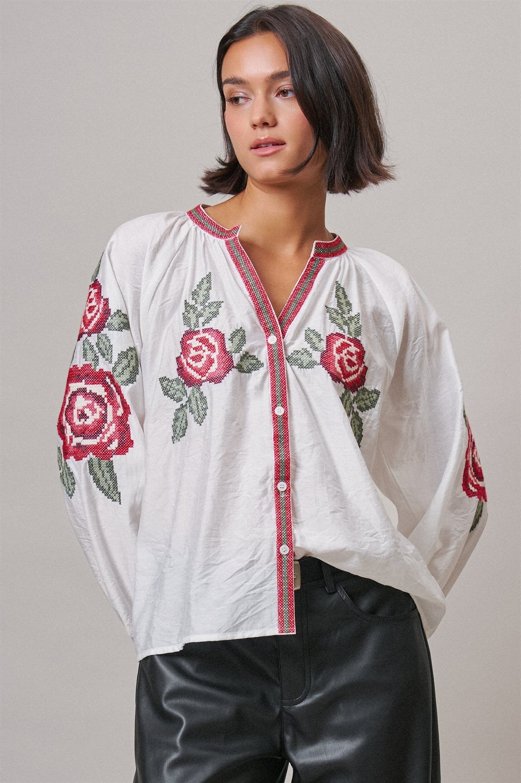 Cross-Stitch Rose Embroidered Peasant Blouse in Ivory - Women's Shirts & Blouses | Urban Daizy