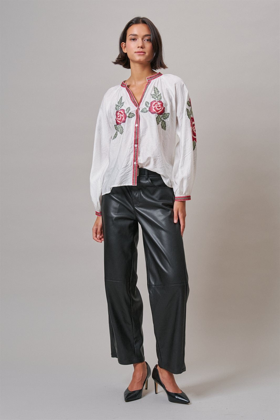 Cross-Stitch Rose Embroidered Peasant Blouse in Ivory - Women's Shirts & Blouses | Urban Daizy