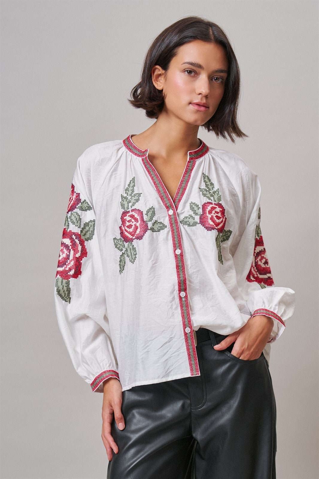Cross-Stitch Rose Embroidered Peasant Blouse in Ivory - Women's Shirts & Blouses | Urban Daizy