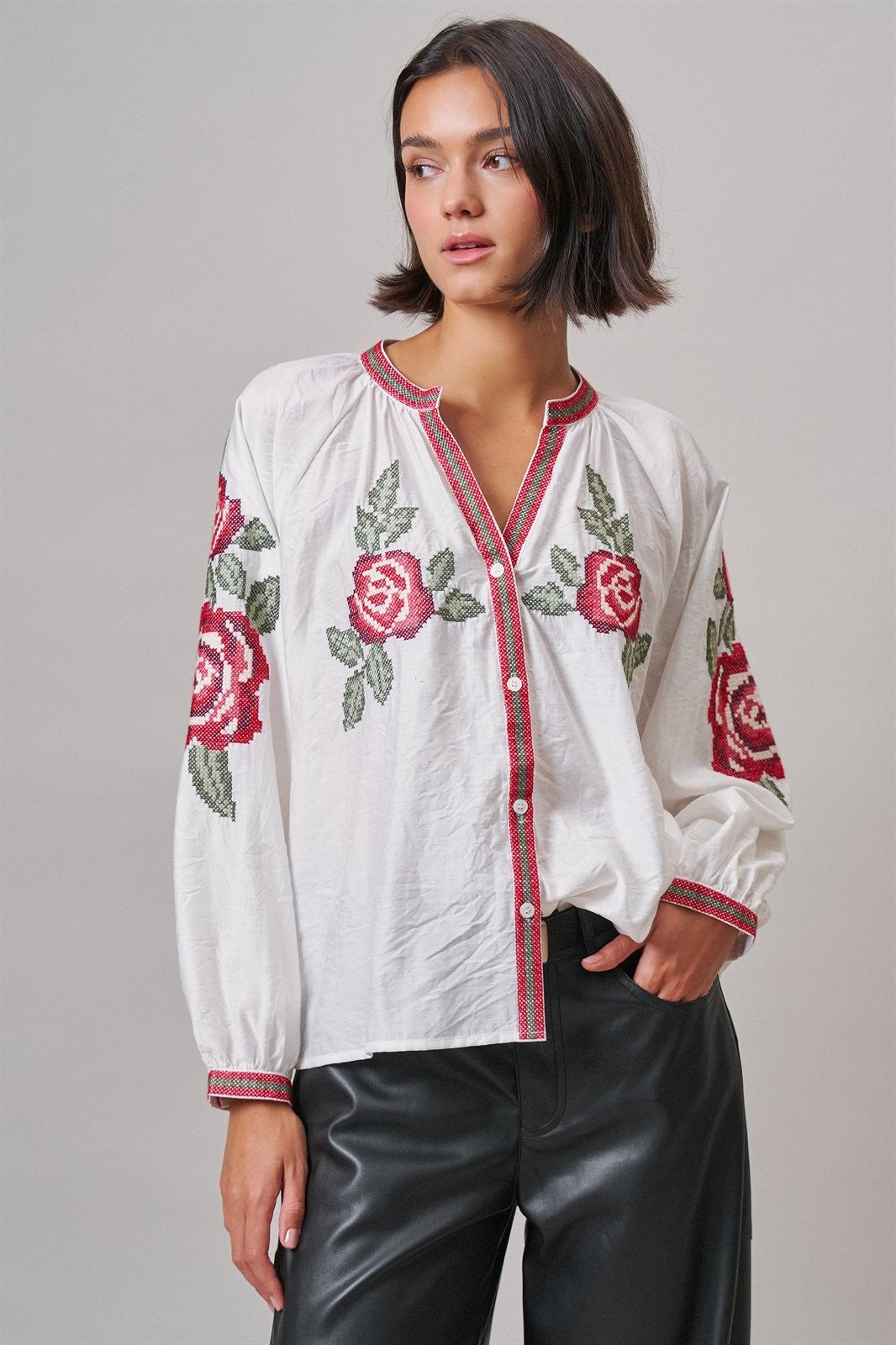 Cross-Stitch Rose Embroidered Peasant Blouse in Ivory - Women's Shirts & Blouses | Urban Daizy
