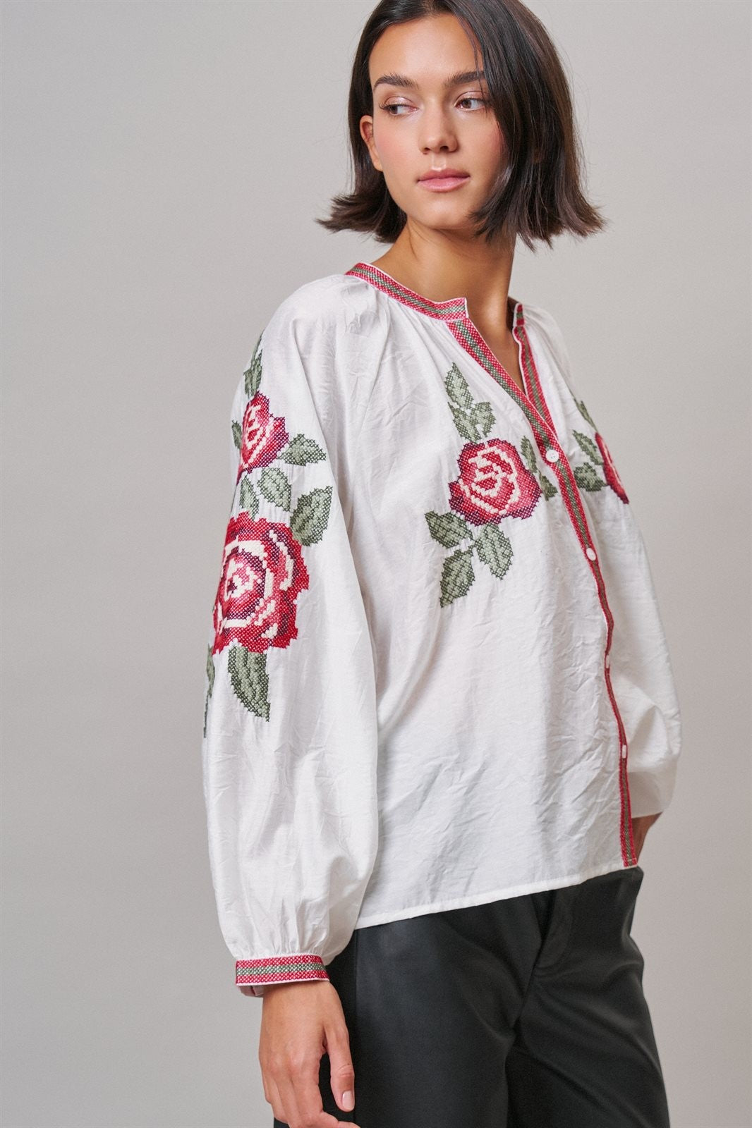 Cross-Stitch Rose Embroidered Peasant Blouse in Ivory - Women's Shirts & Blouses | Urban Daizy