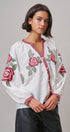 Cross-Stitch Rose Embroidered Peasant Blouse in Ivory - Women's Shirts & Blouses | Urban Daizy