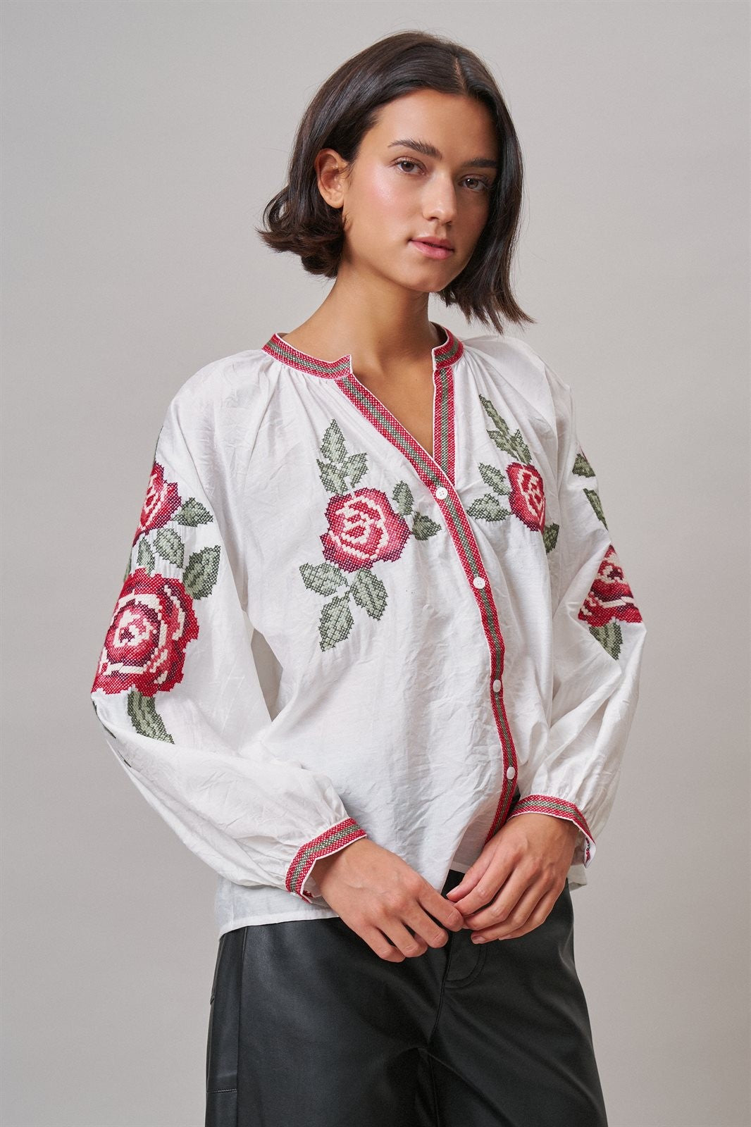 Cross-Stitch Rose Embroidered Peasant Blouse in Ivory - Women's Shirts & Blouses | Urban Daizy