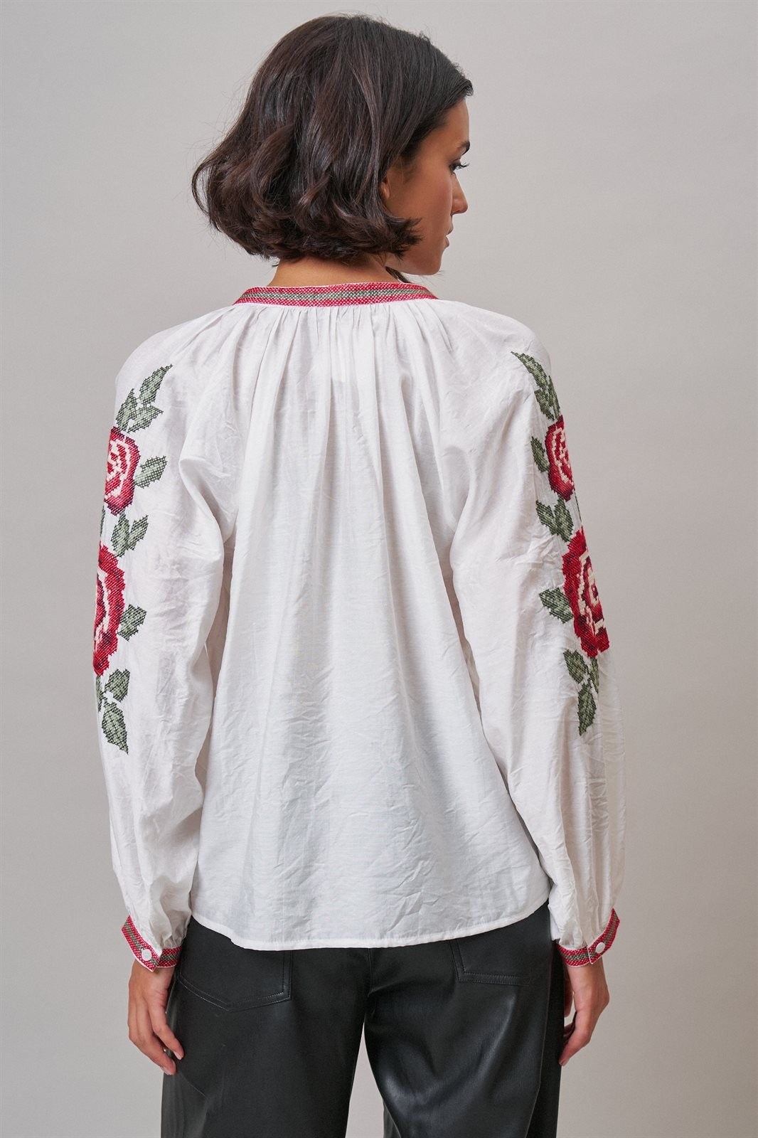 Cross-Stitch Rose Embroidered Peasant Blouse in Ivory - Women's Shirts & Blouses | Urban Daizy