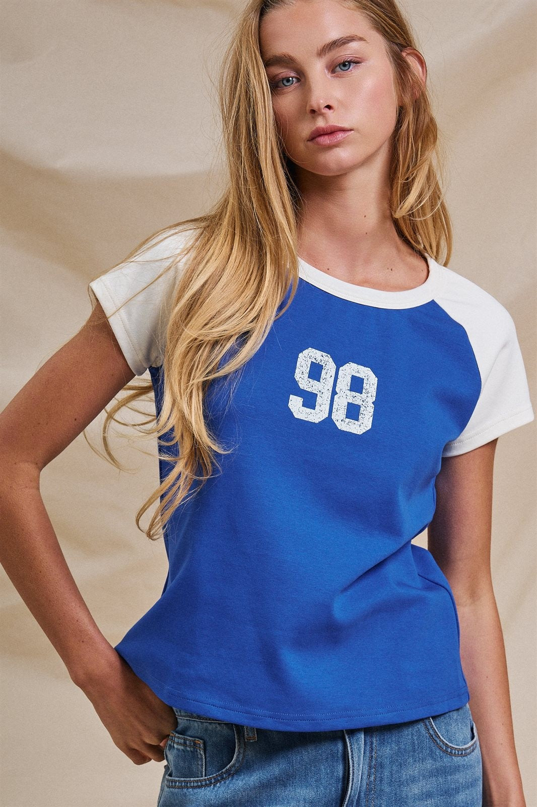 Varsity Number Raglan Crop Tee in Blue White - Women's Fashion | Urban Daizy