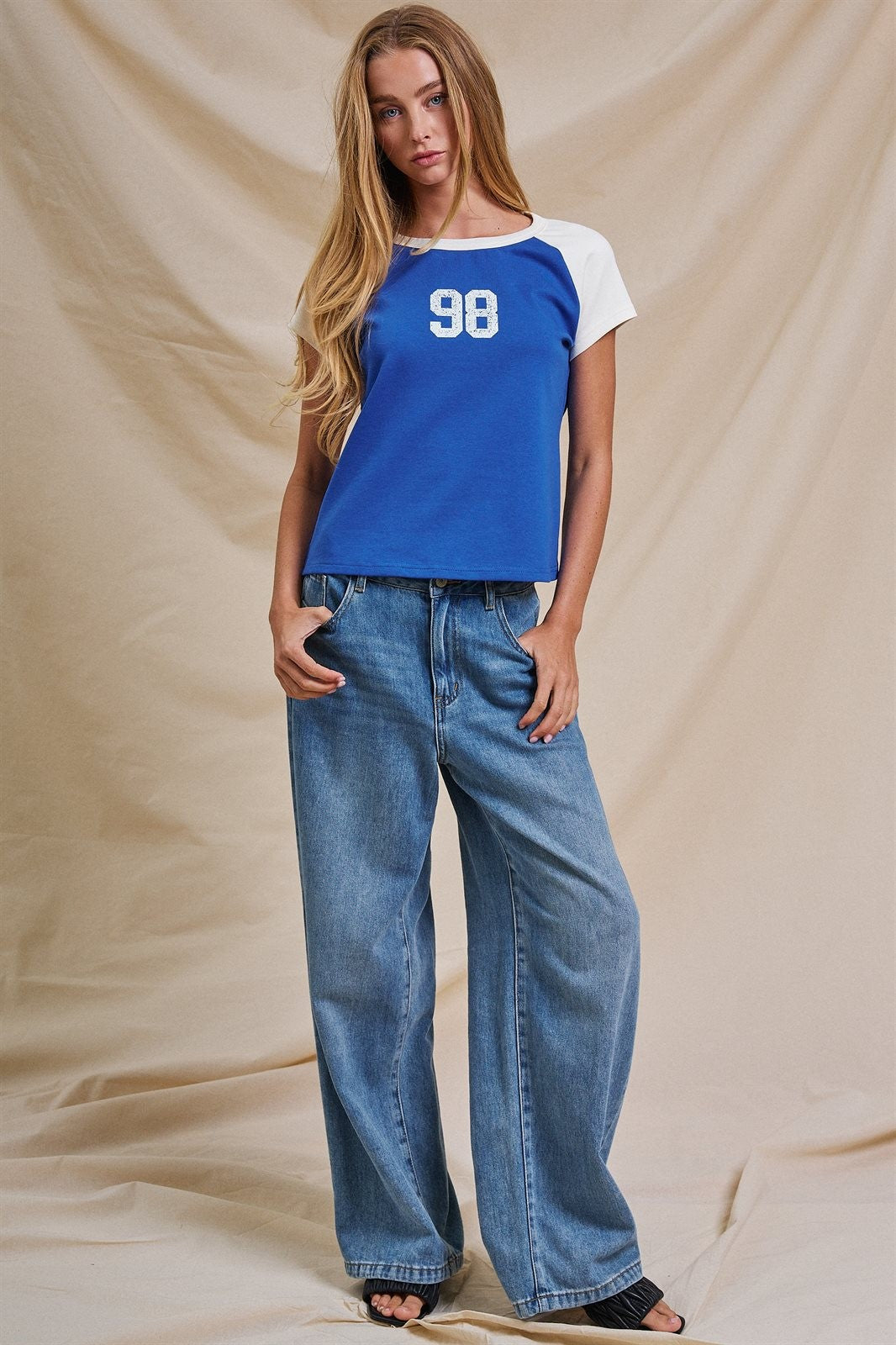 Varsity Number Raglan Crop Tee in Blue White - Women's Fashion | Urban Daizy