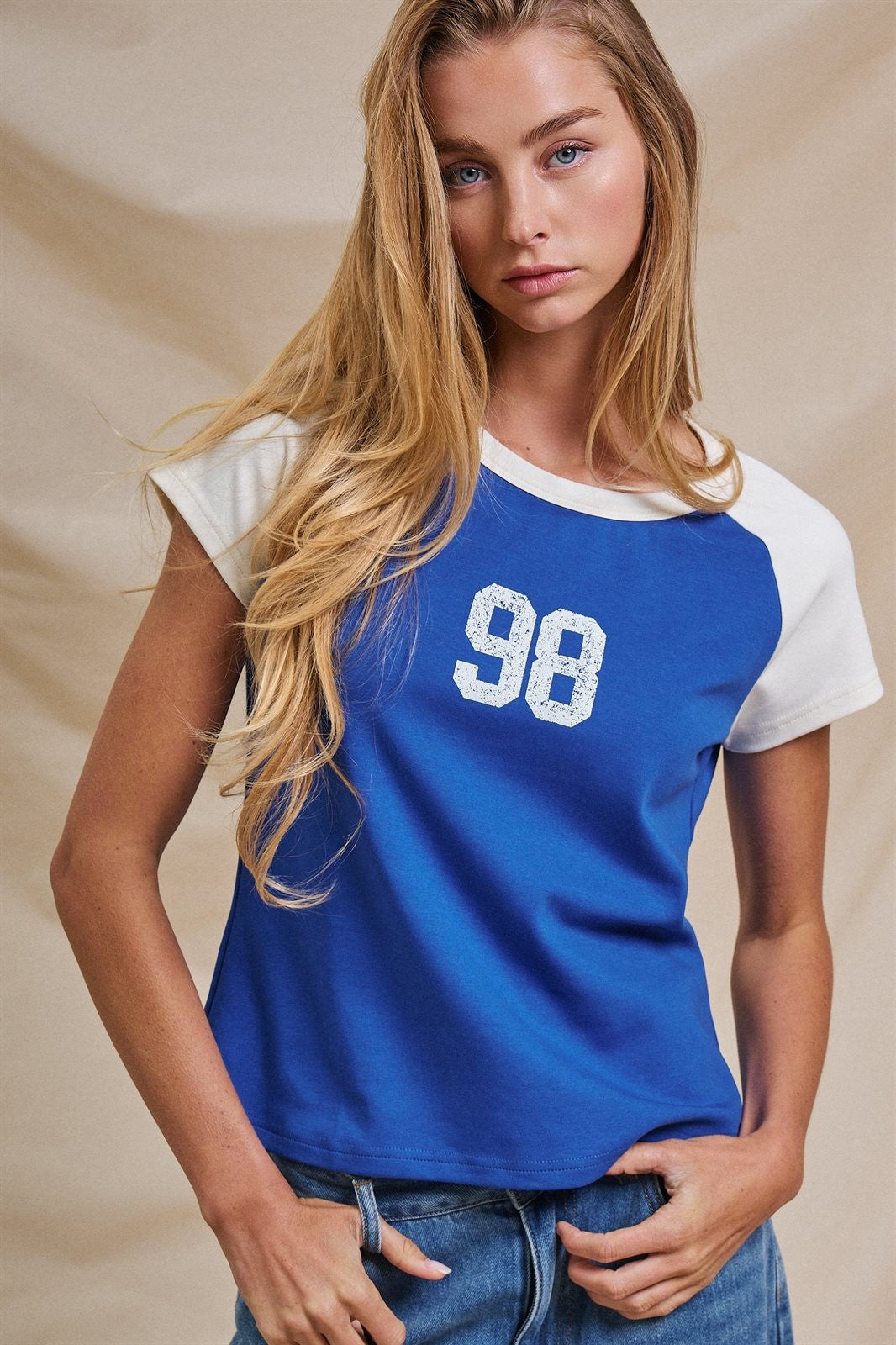 Varsity Number Raglan Crop Tee in Blue White - Women's Fashion | Urban Daizy