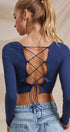 Ribbed Lace-Up Back Square Neck Crop Top in Navy - Women's Fashion | Urban Daizy