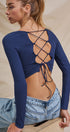 Ribbed Lace-Up Back Square Neck Crop Top in Navy - Women's Fashion | Urban Daizy