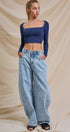 Ribbed Lace-Up Back Square Neck Crop Top in Navy - Women's Fashion | Urban Daizy