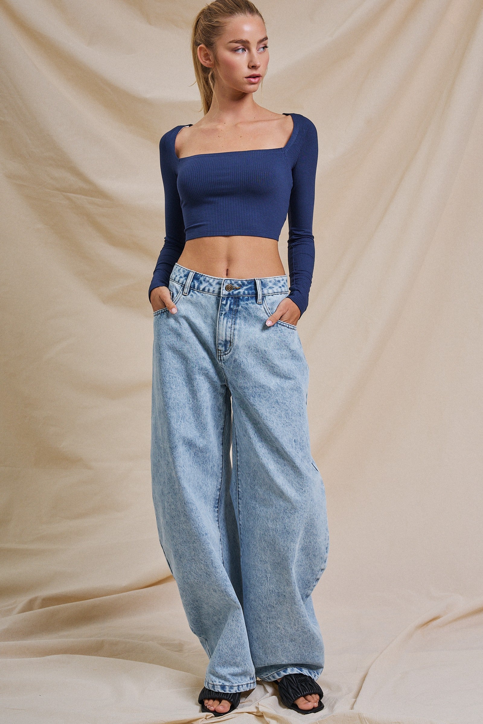 Ribbed Lace-Up Back Square Neck Crop Top in Navy - Women's Fashion | Urban Daizy