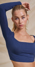 Ribbed Lace-Up Back Square Neck Crop Top in Navy - Women's Fashion | Urban Daizy