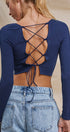 Ribbed Lace-Up Back Square Neck Crop Top in Navy - Women's Fashion | Urban Daizy
