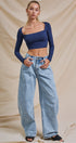 Ribbed Lace-Up Back Square Neck Crop Top in Navy - Women's Fashion | Urban Daizy