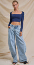 Ribbed Lace-Up Back Square Neck Crop Top in Navy - Women's Fashion | Urban Daizy