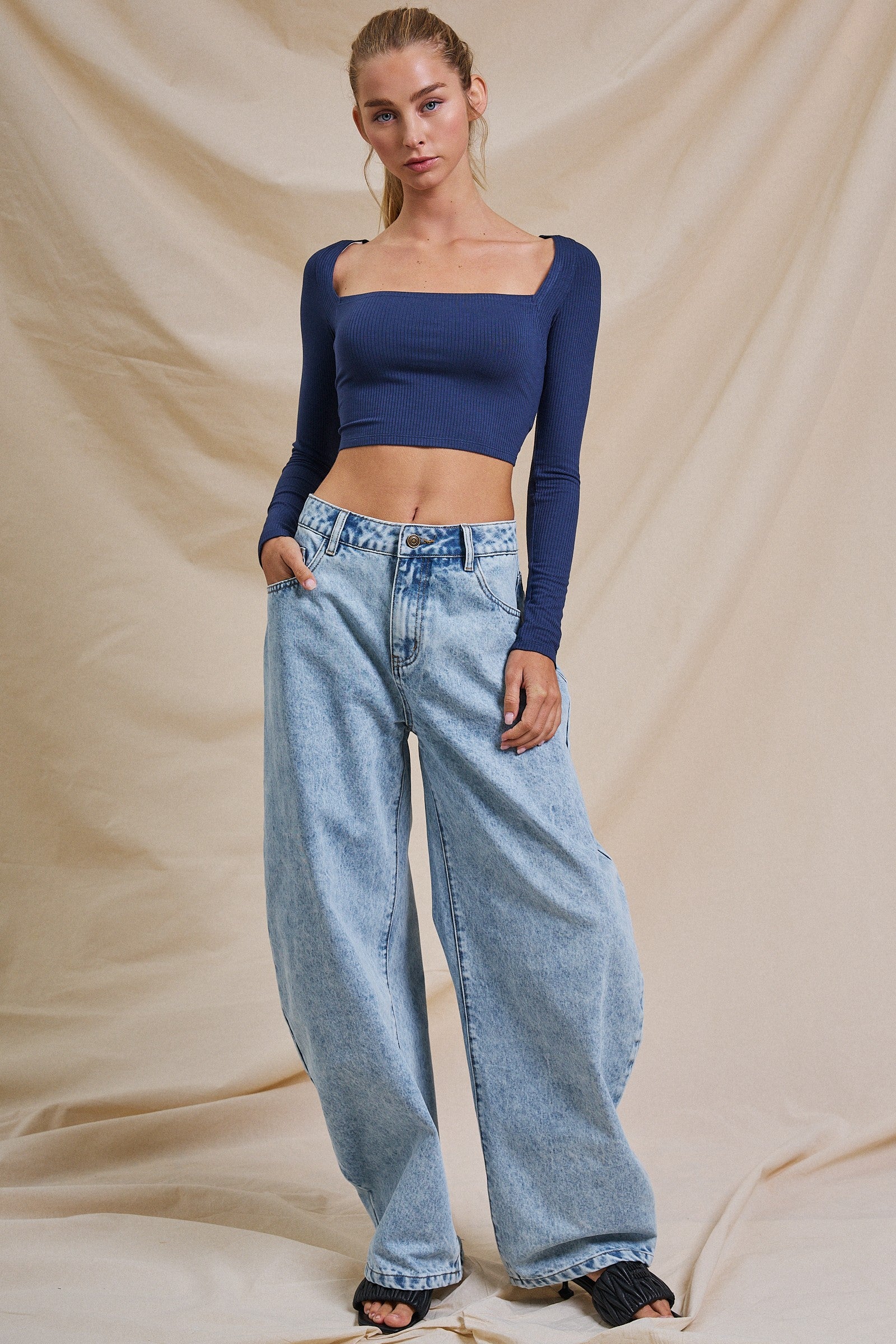 Ribbed Lace-Up Back Square Neck Crop Top in Navy - Women's Fashion | Urban Daizy
