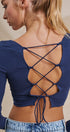 Ribbed Lace-Up Back Square Neck Crop Top in Navy - Women's Fashion | Urban Daizy