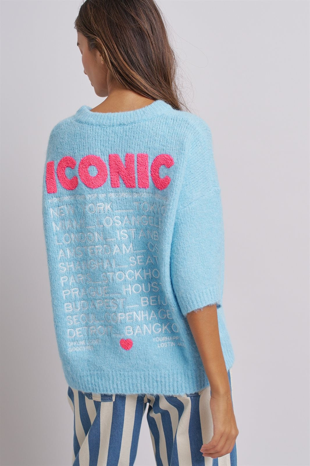 Iconic City Graphic Back Knit Sweater in Blue - Women's SWEATERS | Urban Daizy