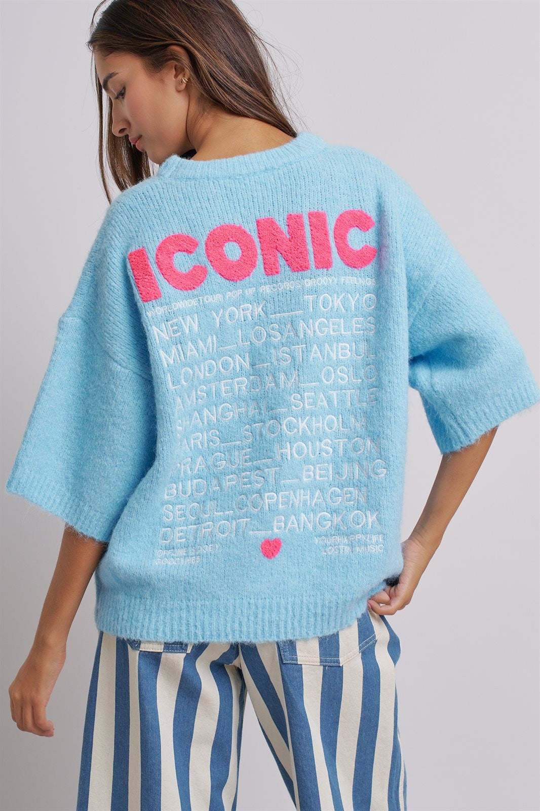 Iconic City Graphic Back Knit Sweater in Blue - Women's SWEATERS | Urban Daizy