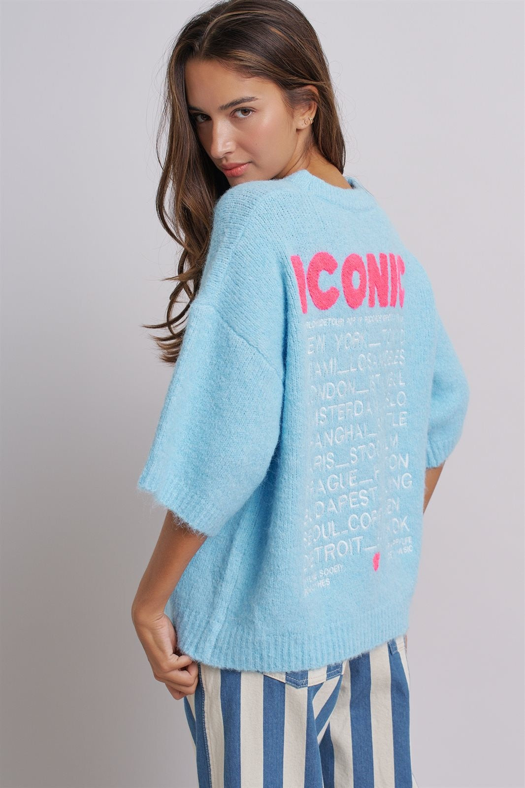 Iconic City Graphic Back Knit Sweater in Blue - Women's SWEATERS | Urban Daizy